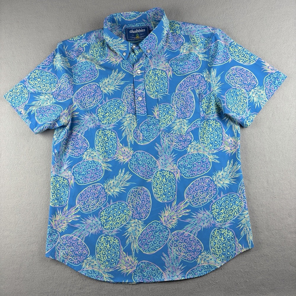 Chubbies Pineapple Print Performance Button Up Shirt Blue Men's Large Stretch